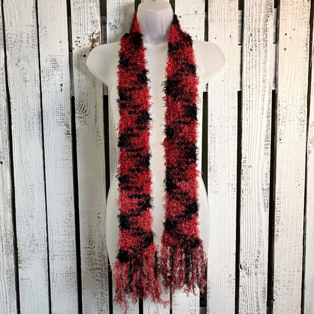Handmade Crochet Woven Red Black Pink Fuzzy Knit Fringe Scarf One of a Kind Boho